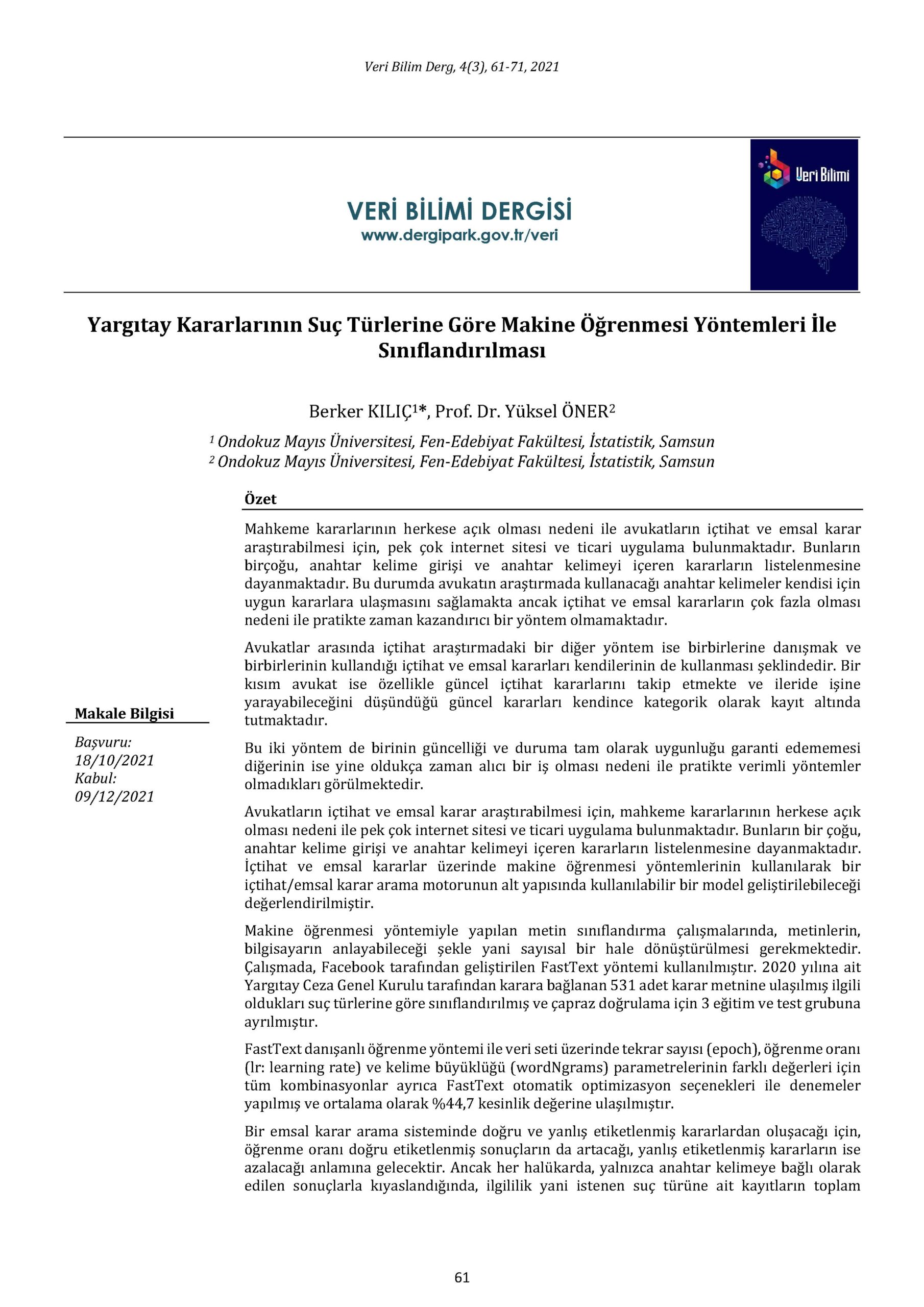 Veri Bilimi Dergisi Makale: Yargıtay Kararlarının Suç Türlerine Göre ...